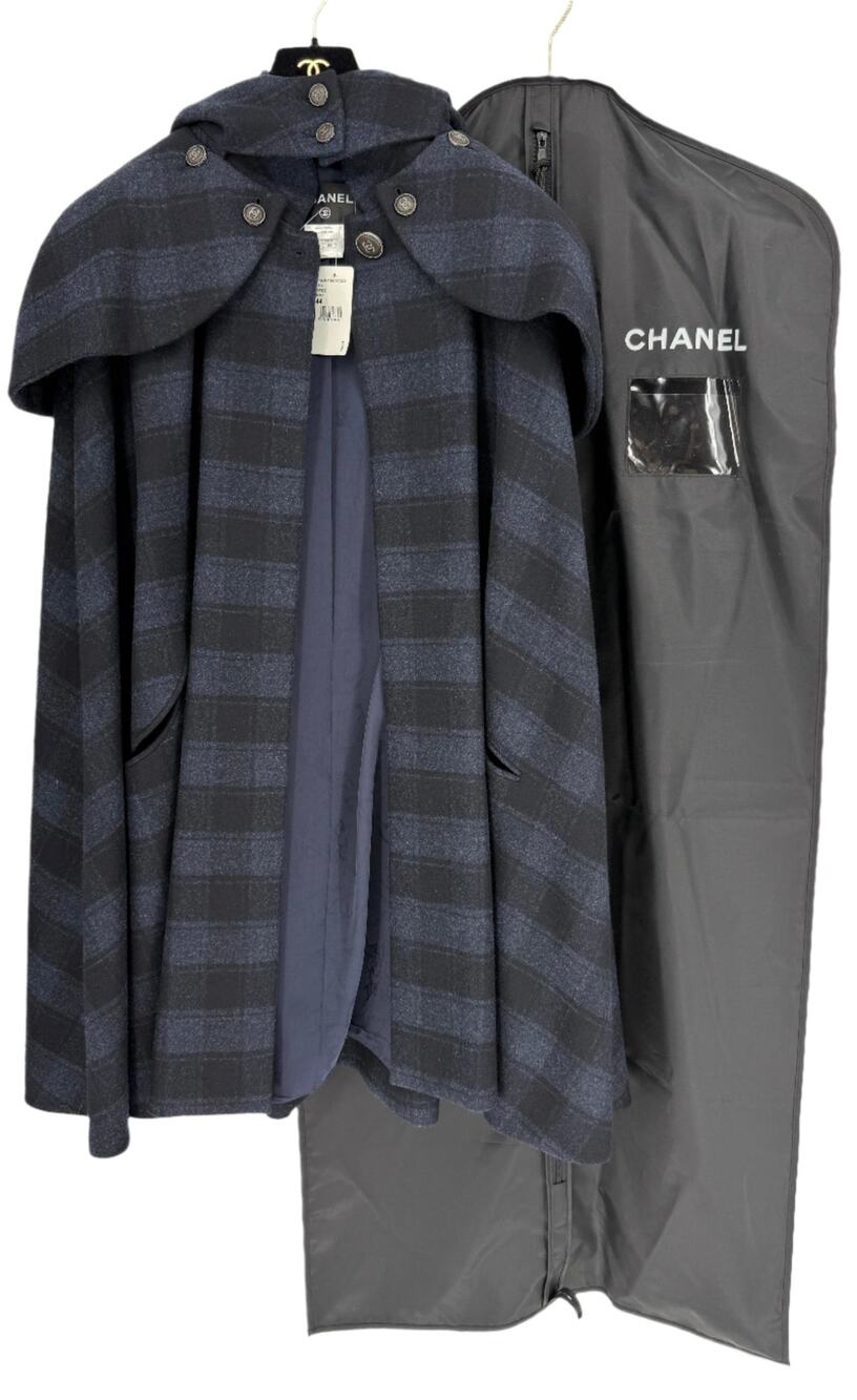 Chanel Navy & Black Plaid Wool Hooded Cape with Logo Buttons – Size FR 44 - RARE